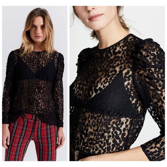 NEW Current/Elliott The Rin Top Black Leopard Lace Sheer LS Womens Sz 1 NWT $248 - Picture 2 of 15
